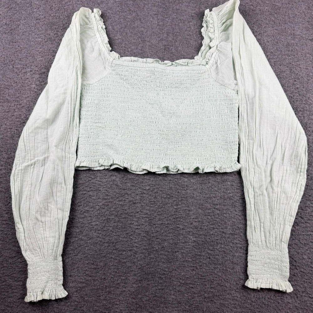 Aerie Smocked Women's Small Long Sleeve Crop Top Sage Green Square Neck Ruffle
